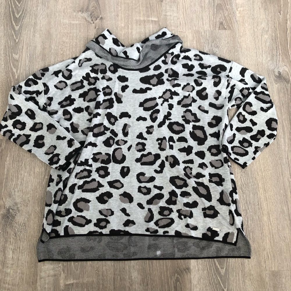 Calvin Klein Leopard Print Cowl‎ Neck Gray Long Sleeve Sweater Top Womens Sz XL